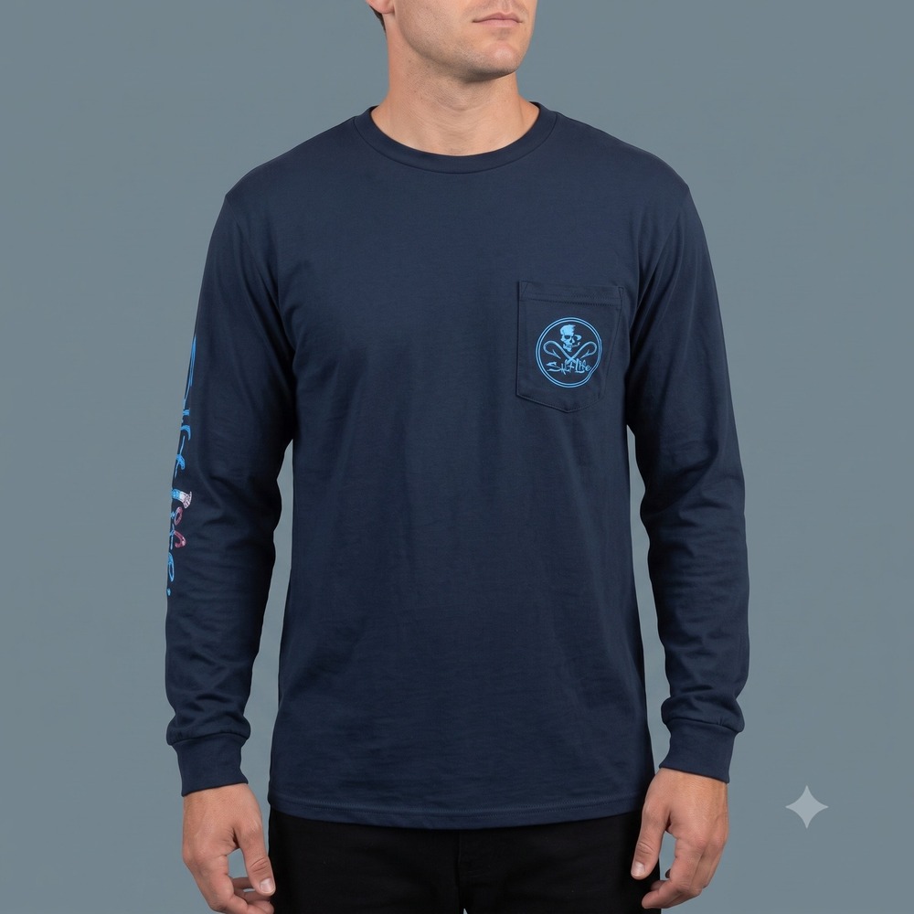 Salt Life Skull Fish Hooks Long Sleeve Pocket Graphic T-Shirt‎ Men Medium Blue